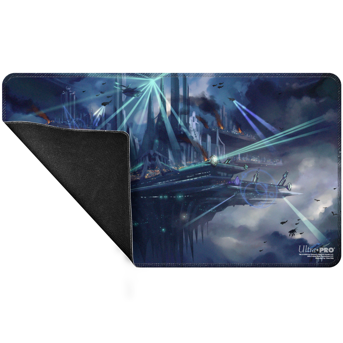 A rectangular playmat featuring the Flying City of Aeor from Critical Role, with spaceships and beams of light. Brand: Ultra PRO.