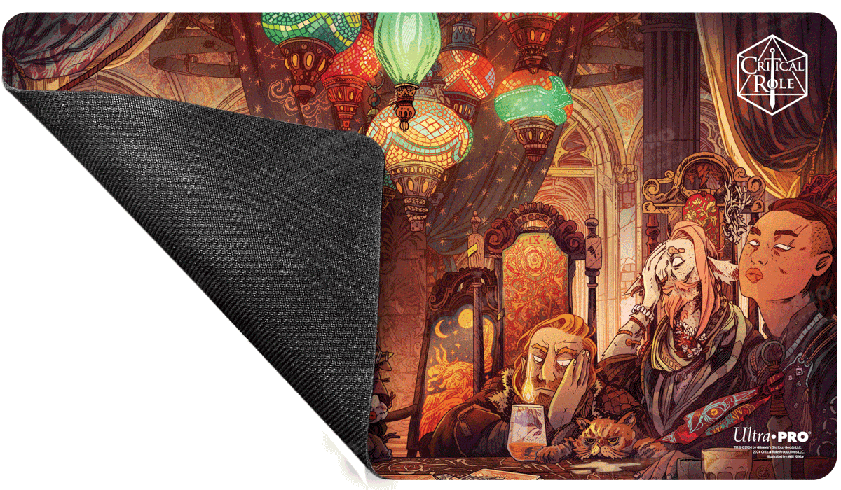 A Critical Role Playmat featuring characters from the show. Brand: Ultra-Pro, Item: Critical Role PoD Stitched Edge Playmat - Toast to Mollymauk.