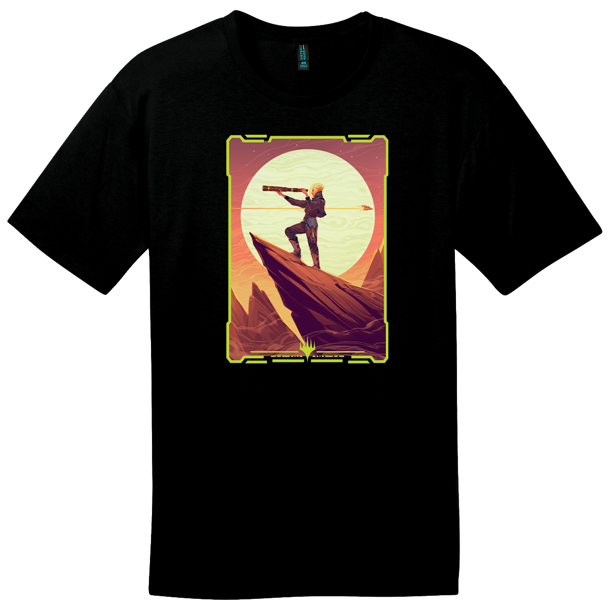 A black t-shirt featuring the Edge of Eternities artwork by Ashley Mackenzie for Magic: The Gathering, depicting Sami Wildcat Captain on a rocky planet.