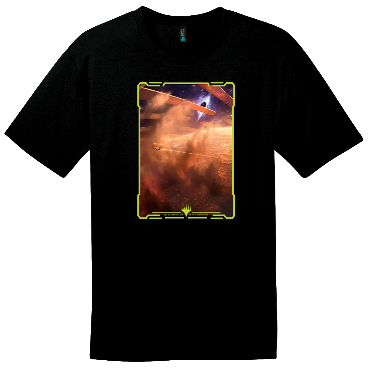 A black t-shirt featuring the Magic: The Gathering card art "Edge of Eternities" by Adam Paquette. Brand: MTG PRO Shop, Item: Edge of Eternities - Tee - Portal Adagia, Windswept Bastion.