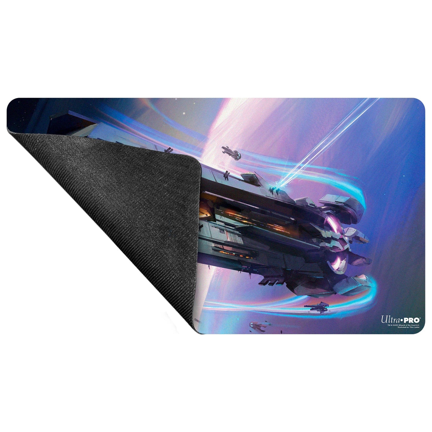 A colorful playmat featuring a flagship vessel and smaller ships in space, with glowing trails and a planet in the background. Brand: Ultra PRO, Item: Edge of Eternities - Playmat - Inspirit, Flagship Vessel - Titus Lunter for Magic: The Gathering.