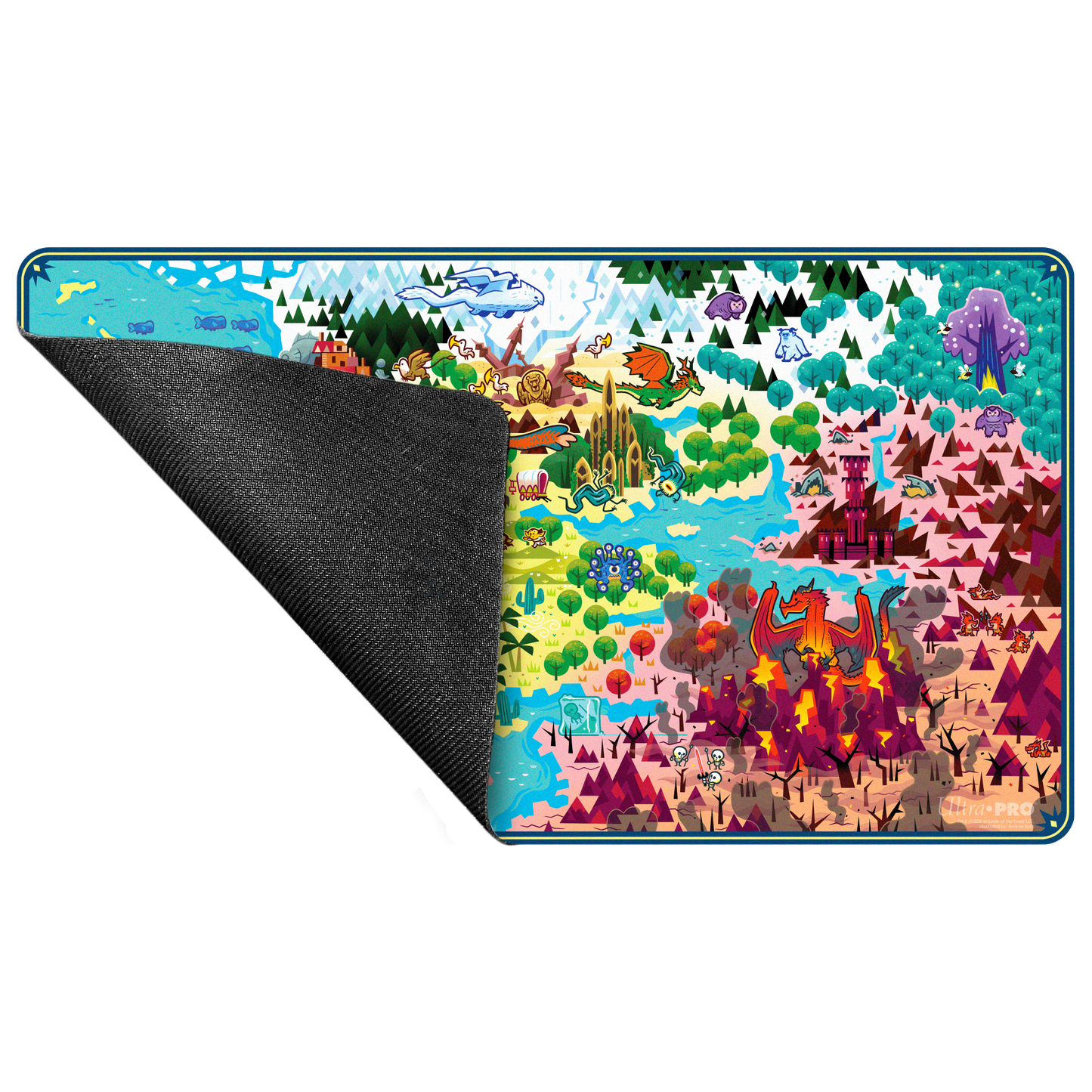 A colorful Dungeons & Dragons themed playmat featuring a fantasy map with dragons, castles, and various creatures. Brand: Ultra PRO, Item: Extra Life 2025 Playmat for Dungeons & Dragons.