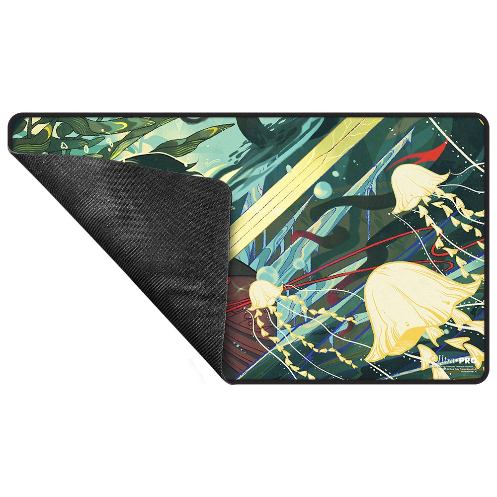 A black-stitched playmat featuring Fjord Stone from Critical Role, with a jellyfish and underwater art. Brand: Ultra PRO, Item: Critical Role Radiants: The Mighty Nein Fjord Stone Black-Stitched Playmat for Tabletop Gaming.