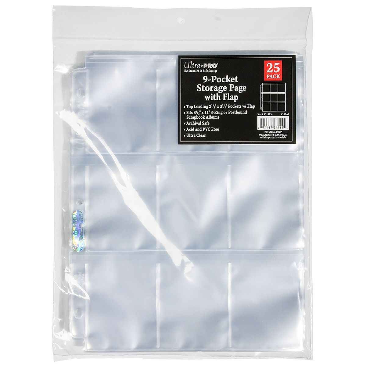 A clear 9-Pocket Storage Page pack. Brand: Ultra Pro, Item: 9-Pocket Storage Pages (25ct) with Secure Flap.