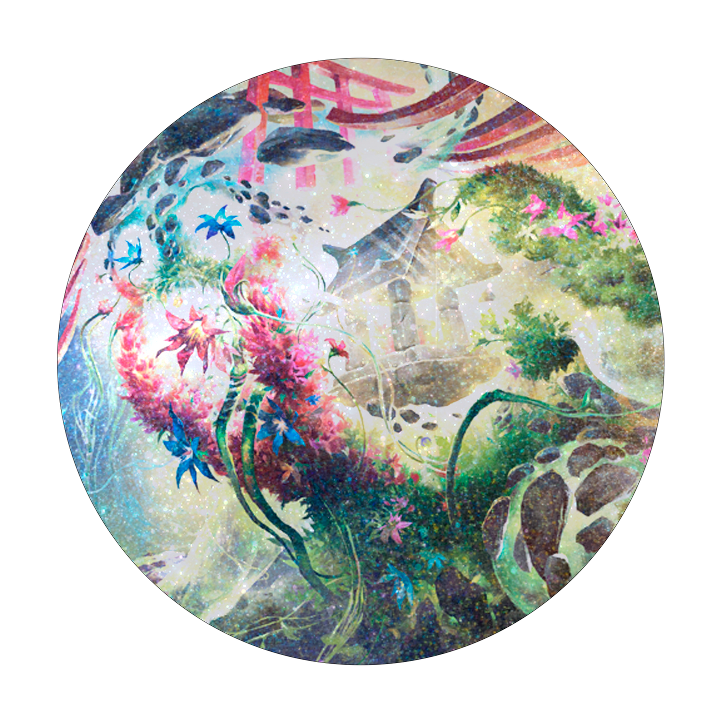 A circular, fantasy art playmat featuring a vibrant, mystical landscape with glowing flowers and ancient structures. Brand: Allied, Item: Commander Series #2: Allied - Go-Shintai HOLOFOIL® Standard Gaming Playmat for Magic: The Gathering