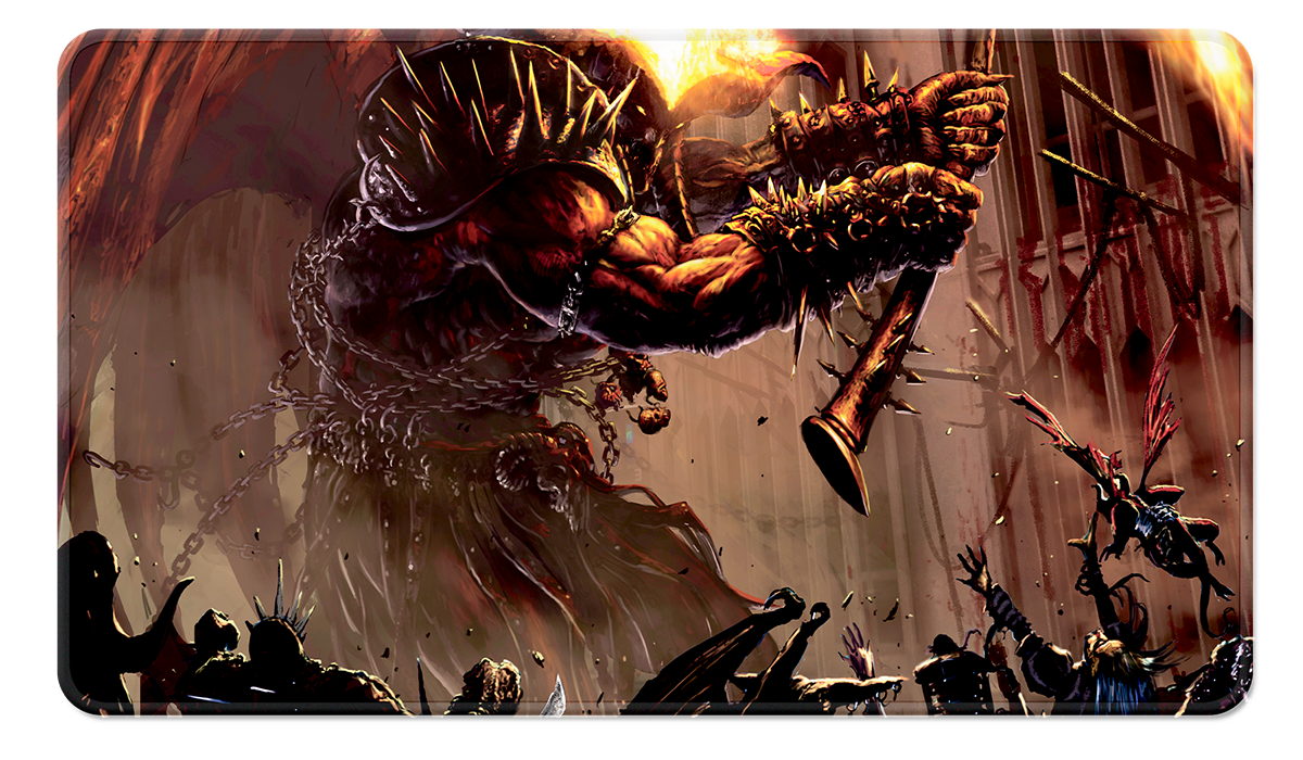 A dark fantasy gaming playmat featuring a demonic figure wielding a spiked weapon, with smaller figures battling below. Brand: Ultra PRO, Item: Commander Series #2: Allied - Rakdos Stitched Standard Gaming Playmat for Magic: The Gathering.