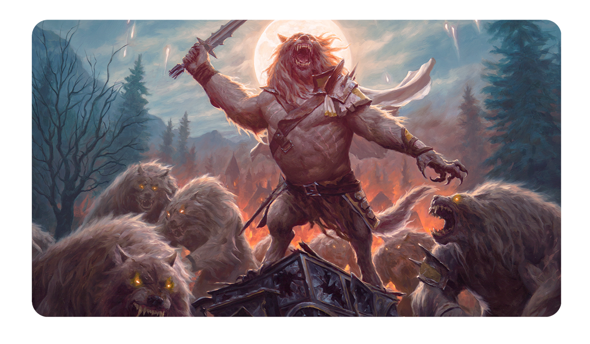 A fantasy art playmat depicting a werewolf leader with a sword, surrounded by a pack of werewolves, with a full moon and burning village in the background. Brand: Unknown, Item: Commander Series #2: Allied - Tovolar Double-Sided Standard Gaming Playmat for Magic: The Gathering.