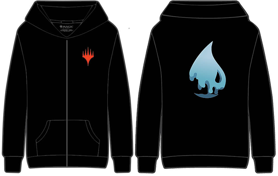 A black Magic: The Gathering zip-up hoodie with the red Planeswalker symbol on the left chest and a blue stylized mana symbol on the back. Brand: MTG PRO Shop, Item: Blue Stylized Mana Symbol Light Weight Hoodie for Magic: The Gathering