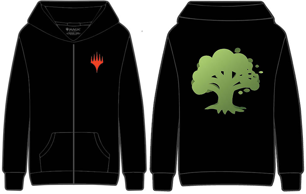 A black zip-up hoodie with the Magic: The Gathering mana symbol on the left chest and a green stylized tree on the back. Brand: MTG PRO Shop, Item: Green Stylized Mana Symbol Light Weight Hoodie for Magic: The Gathering