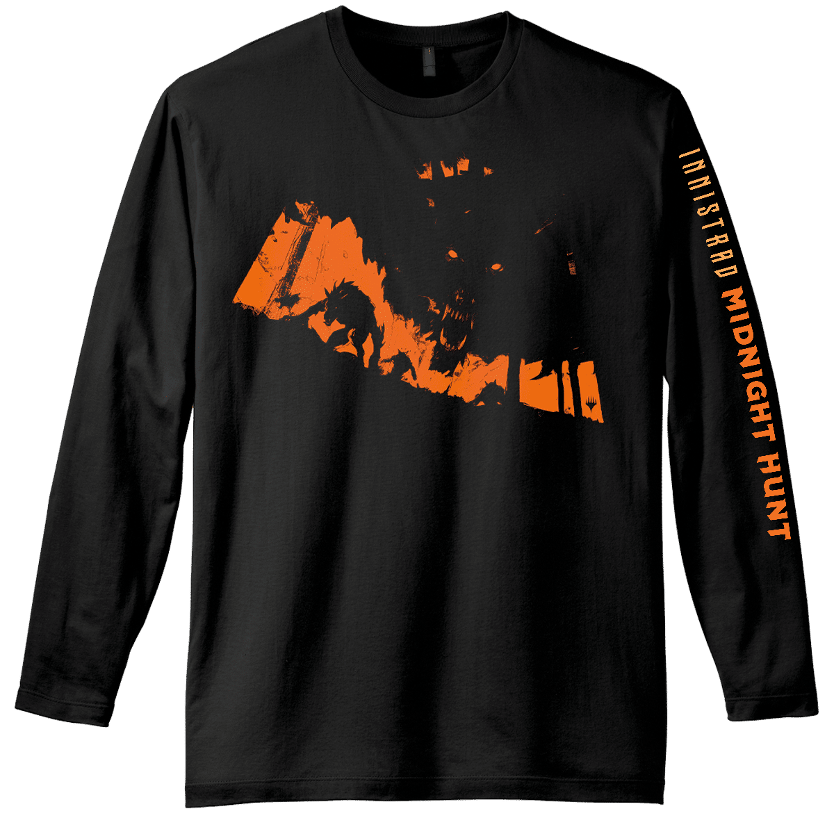 A black long sleeve shirt featuring the Innistrad: Midnight Hunt artwork and text. Brand: MTG PRO Shop, Item: Innistrad: Midnight Hunt Long Sleeve Shirt for Magic: The Gathering