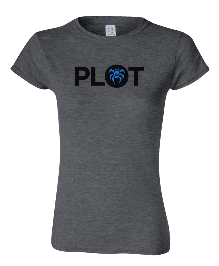 A dark grey women's t-shirt with the word "PLOT" in black and a blue Dimir symbol. Brand: MTG PRO Shop, Item: Guild Word Women's Dimir PLOT T-Shirt for Magic: The Gathering