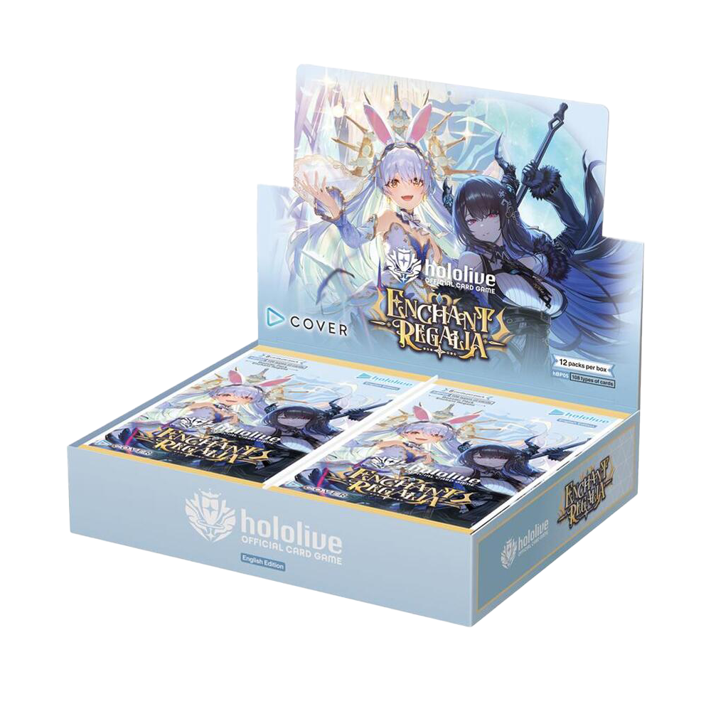 A light blue Hololive Enchant Regalia Booster Box. Brand: Hololive, Item: hololive Booster Box: Enchant Regalia