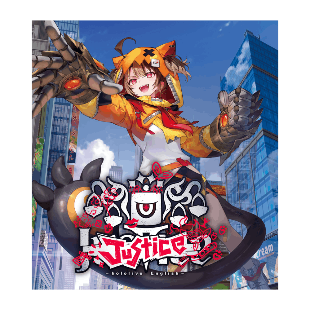 A vibrant anime-style illustration of a character with a fox-like hoodie and mechanical arm, promoting the hololive Oshi Justice Starter Deck Display.