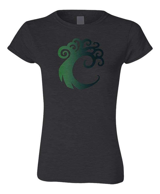 A charcoal grey women's t-shirt featuring the Simic Guild symbol in a green gradient. Brand: MTG PRO Shop, Item: Guild Symbol Women's Simic T-Shirt for Magic: The Gathering