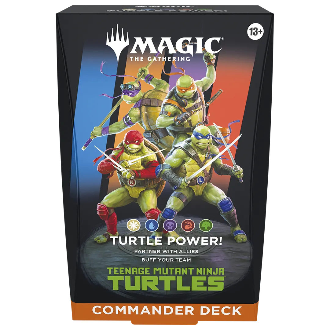 A sealed Magic: The Gathering Commander Deck box featuring Teenage Mutant Ninja Turtles "Turtle Power!" art. Publisher: Magic: The Gathering, Game: Magic: The Gathering, Set: Teenage Mutant Ninja Turtles Commander Deck (TMNT)