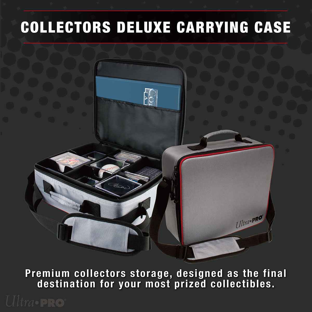 A gray Collector's Deluxe Carrying Case with red trim. Brand: Ultra-Pro, Item: Collector's Deluxe Carrying Case.