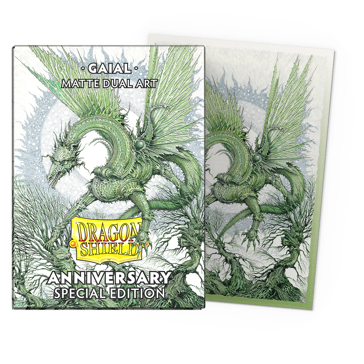 A green dragon matte dual art card sleeve set. Brand: Dragon Shield, Item: Gaial - Matte Dual Art Sleeves