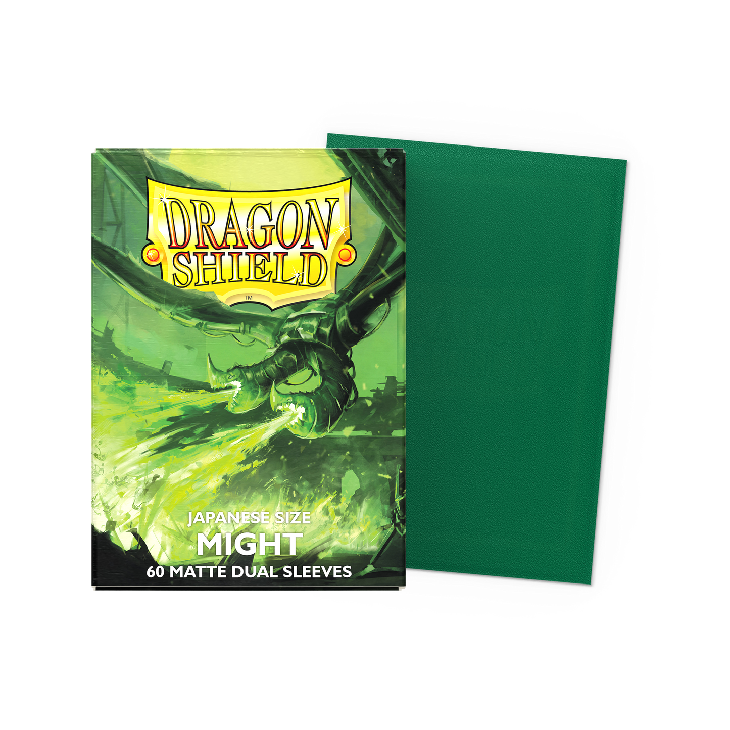 A green Dragon Shield Matte Dual Sleeves Japanese Size card sleeve pack.