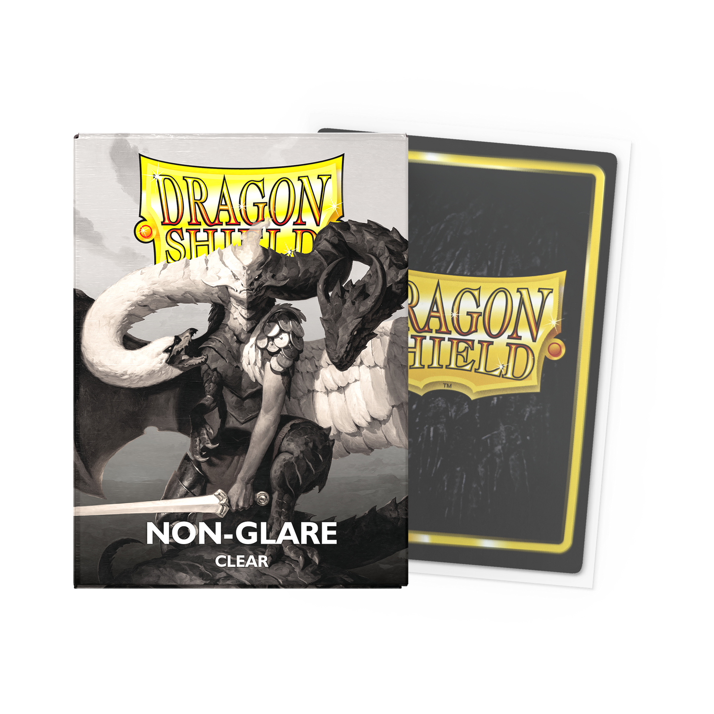 A clear, non-glare matte card sleeve featuring artwork of a dragon. Brand: Dragon Shield, Item: Clear - Non-Glare - Matte Sleeves.