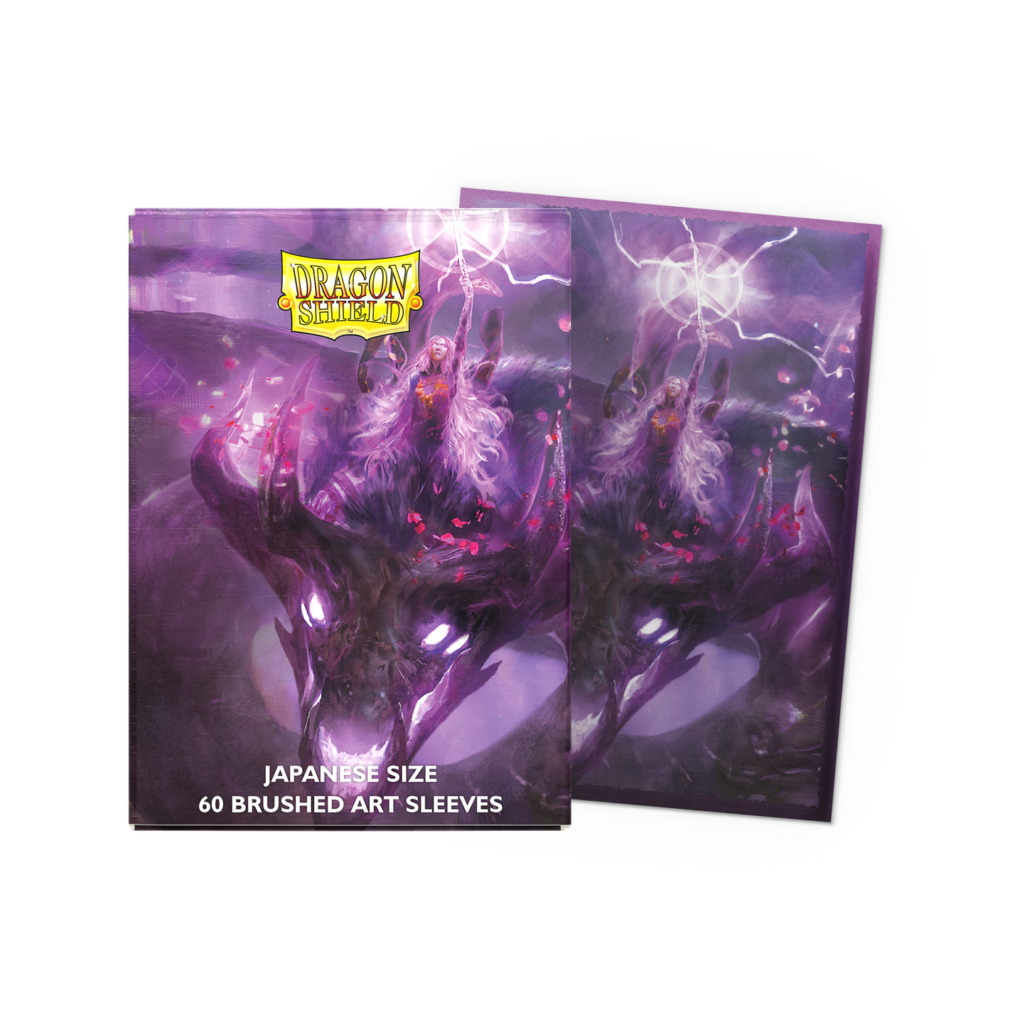 A purple and pink fantasy art Dragon Shield Japanese size card sleeves featuring a warrior riding a dragon, with text "JAPANESE SIZE 60 BRUSHED ART SLEEVES".