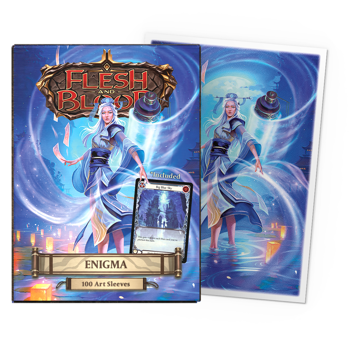A blue matte art sleeve set featuring a woman in a blue kimono with swirling blue energy. Brand: Dragon Shield (Dev), Item: Enigma - Matte Art Sleeves.