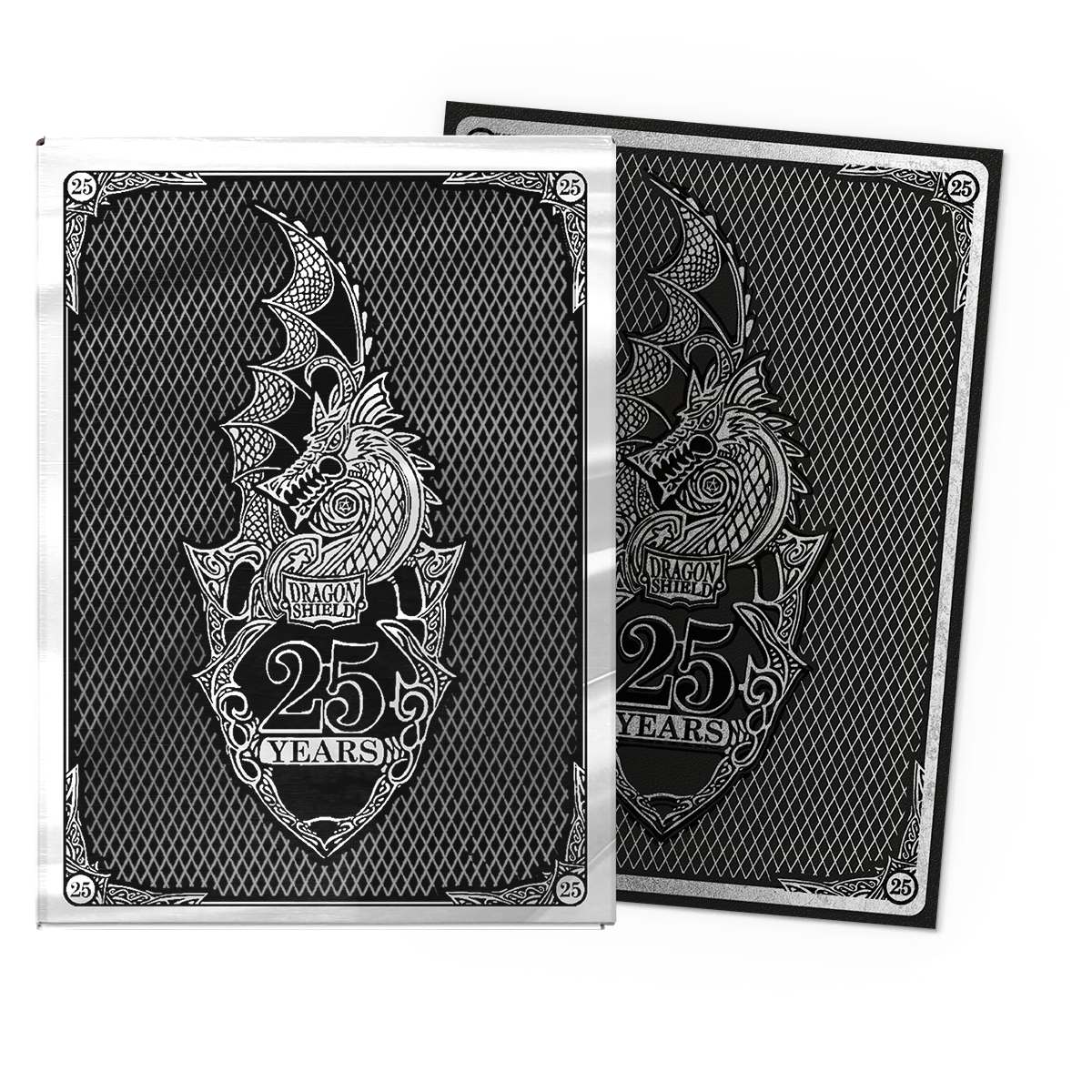 A silver and black Dragon Shield 25th Anniversary Matte Art Sleeves.