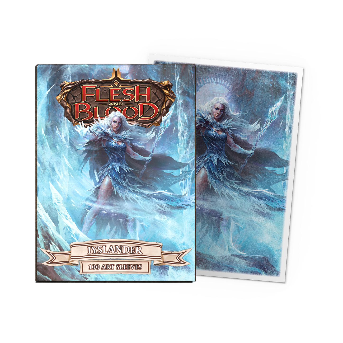 A blue and white matte art sleeve set featuring Iyslander from Flesh and Blood. Brand: Dragon Shield, Item: Iyslander - Matte Art Sleeves.