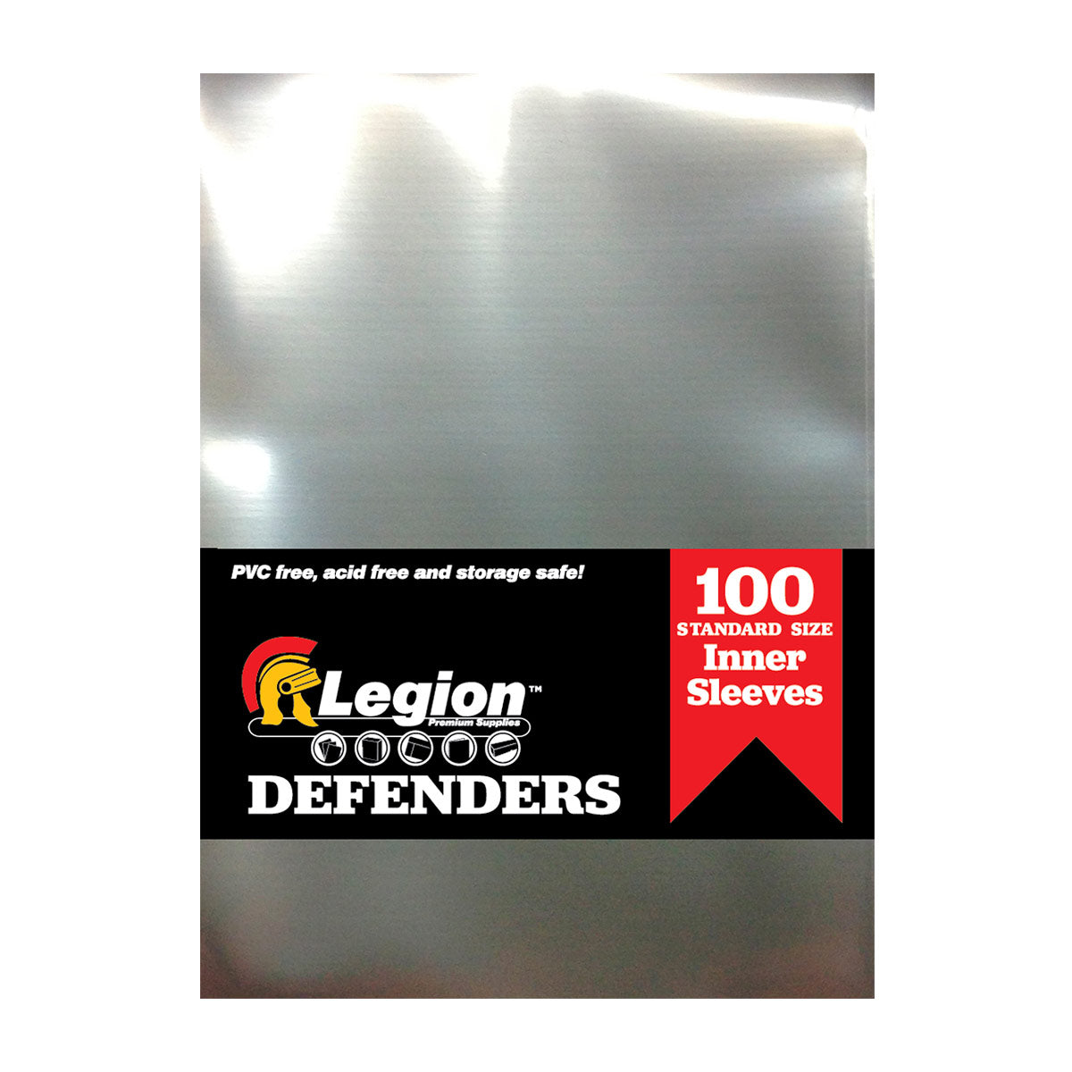 A clear plastic pack of Legion Supplies Defenders Inner Sleeves. Brand: Legion Supplies, Item: Defenders Sleeves.
