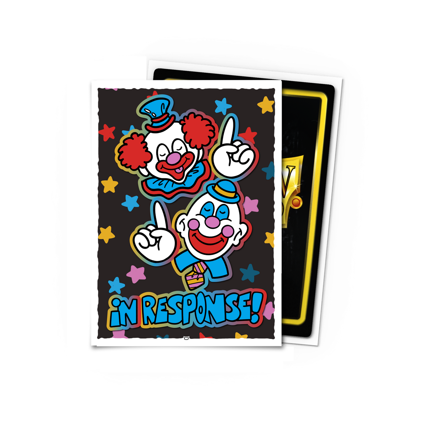 A colorful illustration of two clowns with the text "IN RESPONSE!" on a black background with stars. Brand: Dragon Shield (Dev), Item: In Response! - Brushed Art Sleeves - Standard Size.