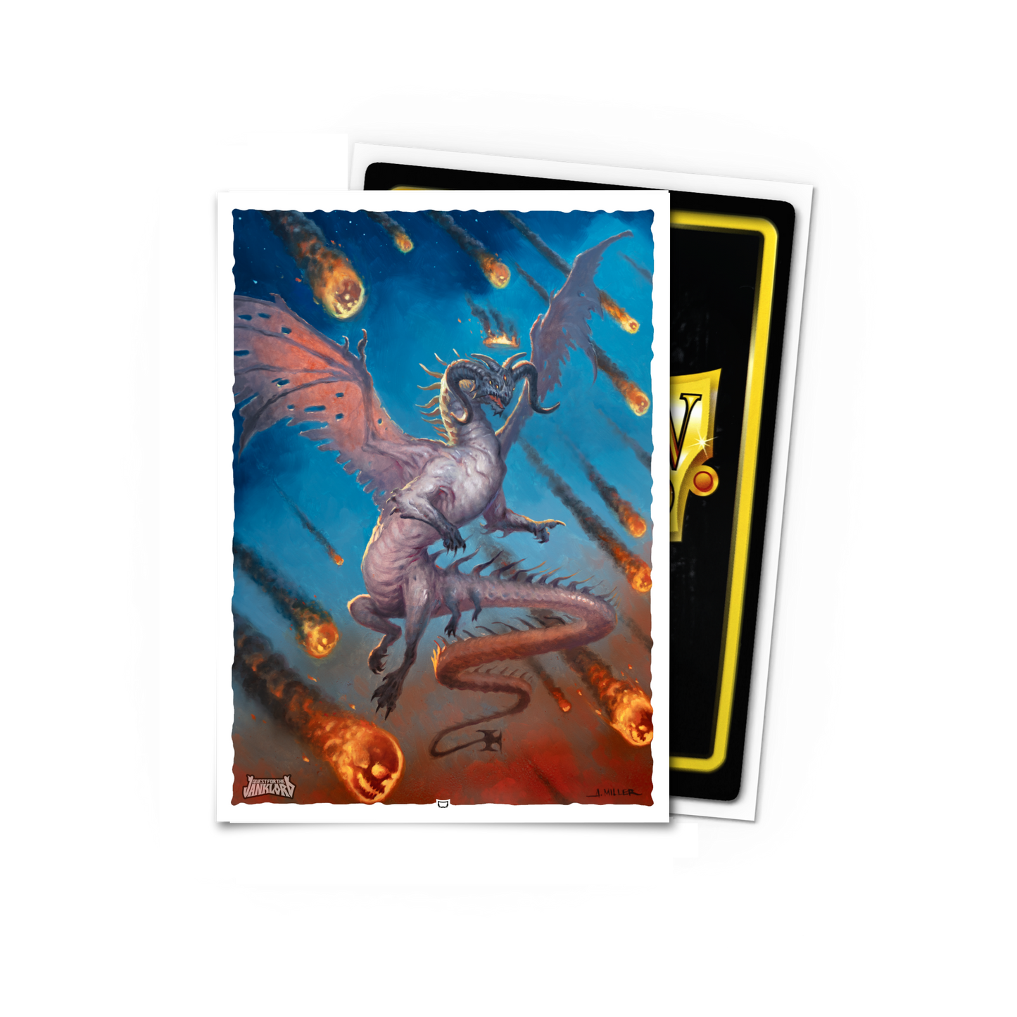 A white dragon with orange wings flying through a meteor shower, with the "Quest for the Janklord" logo. Brand: Dragon Shield (Dev), Item: Quest for the Janklord - Demon Dragon - Standard Size