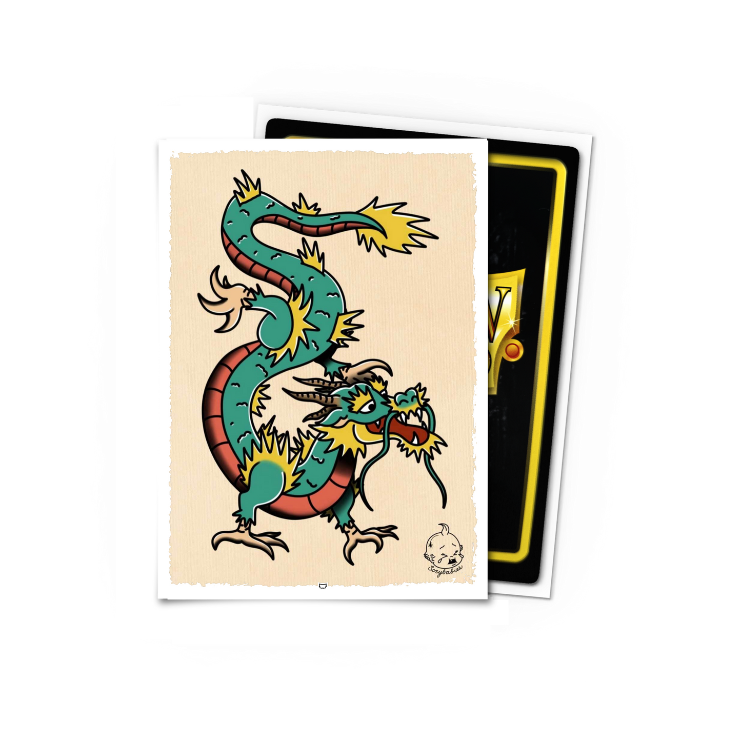 A green and red traditional style dragon illustration on a beige background, part of a Dragon Shield ScryBabies product. Brand: Dragon Shield (Dev), Item: ScryBabies - Dragon - Standard Size.
