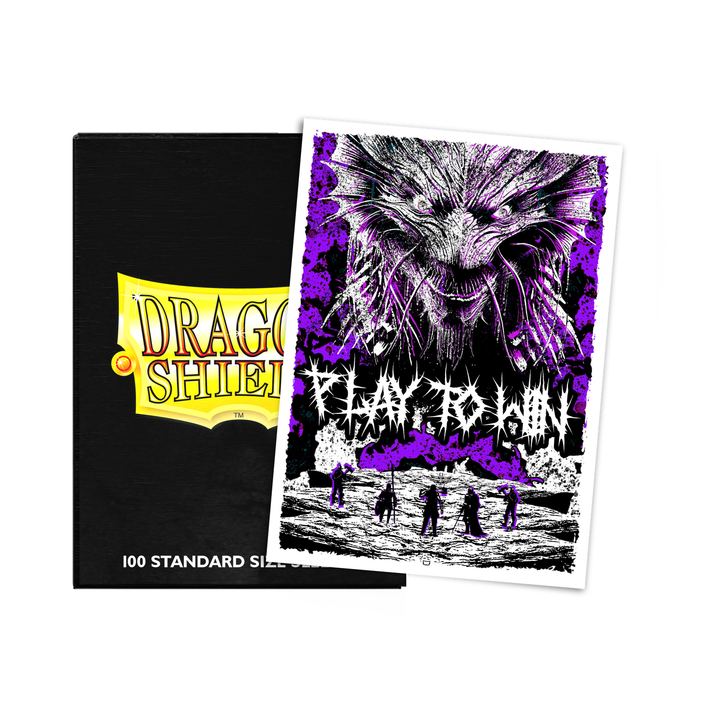 A black Dragon Shield deck box with a "Play To Win" Kraken art sleeve. Brand: Dragon Shield, Item: Kraken Art Sleeves - Standard Size.