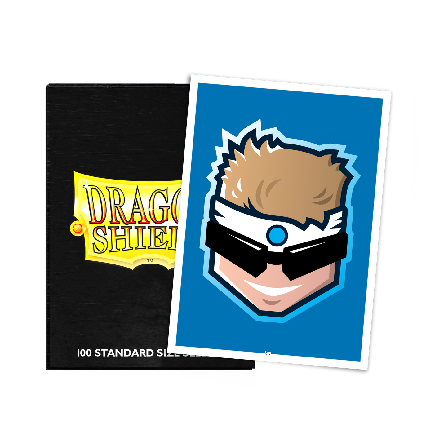 A blue and black illustration of a character's face on a card, next to a black deck box with a yellow "Dragon Shield" logo. Brand: Dragon Shield, Item: CovertGoBlue Sleeves - Brushed Art Sleeves - Standard Size.