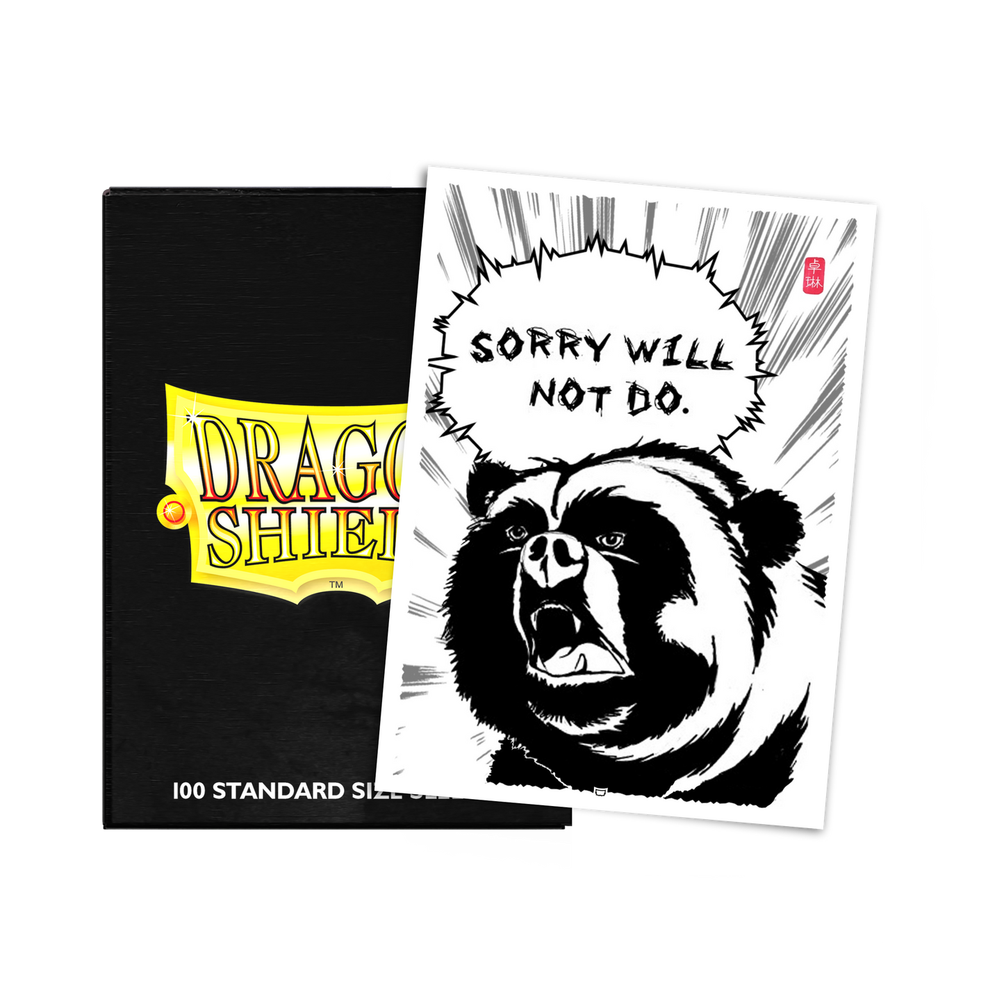 A black Dragon Shield deck box with a "100 STANDARD SIZE" label and a "8th Place Dave Unforgiving Bear" art sleeve. Brand: Dragon Shield, Item: 8th Place Dave Unforgiving Bear - Brushed Art Sleeves - Standard Size.