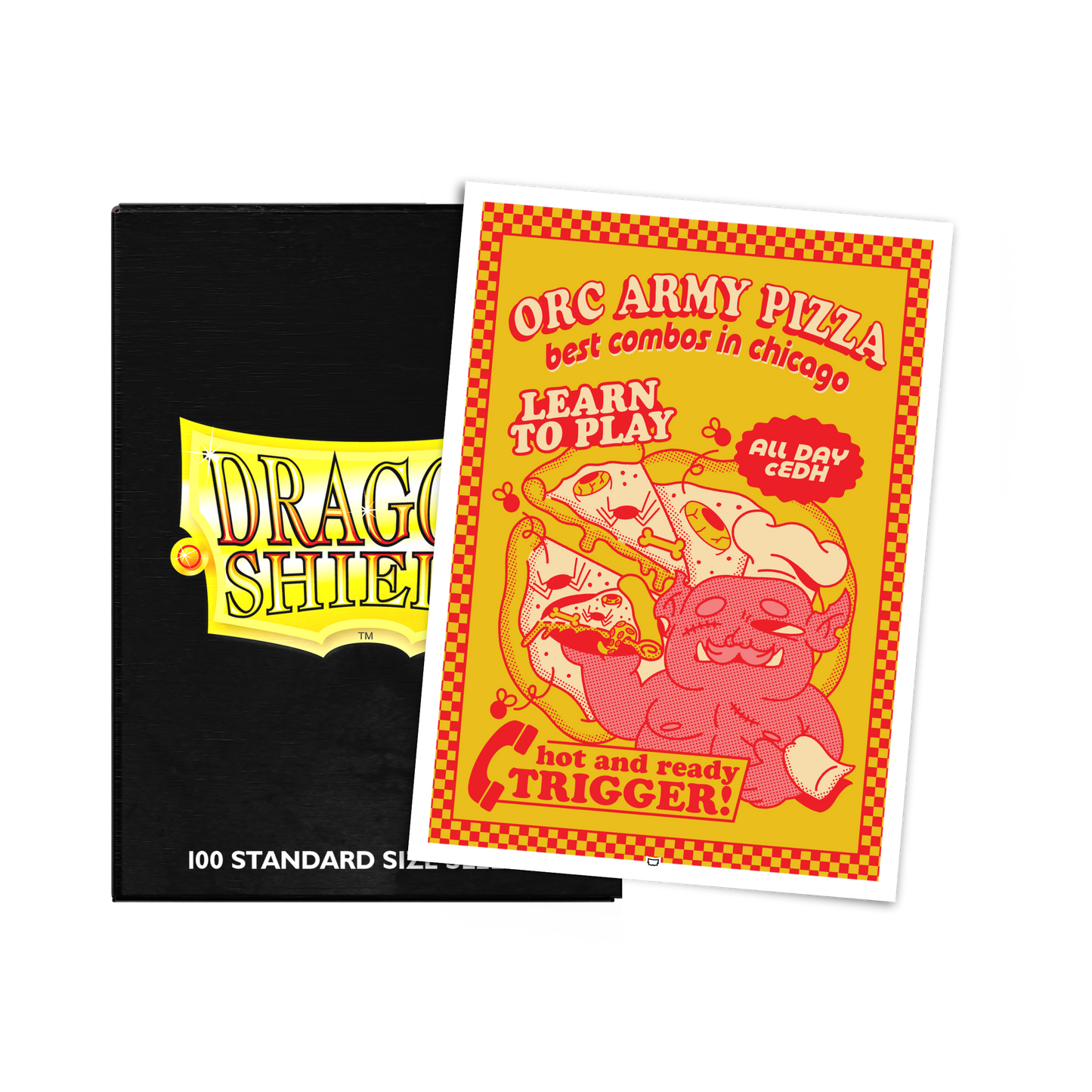 A black Dragon Shield deck box with a "Orc Army Pizza" art sleeve. Brand: Dragon Shield, Item: Orc Army Pizza - Brushed Art Sleeves - Standard Size.