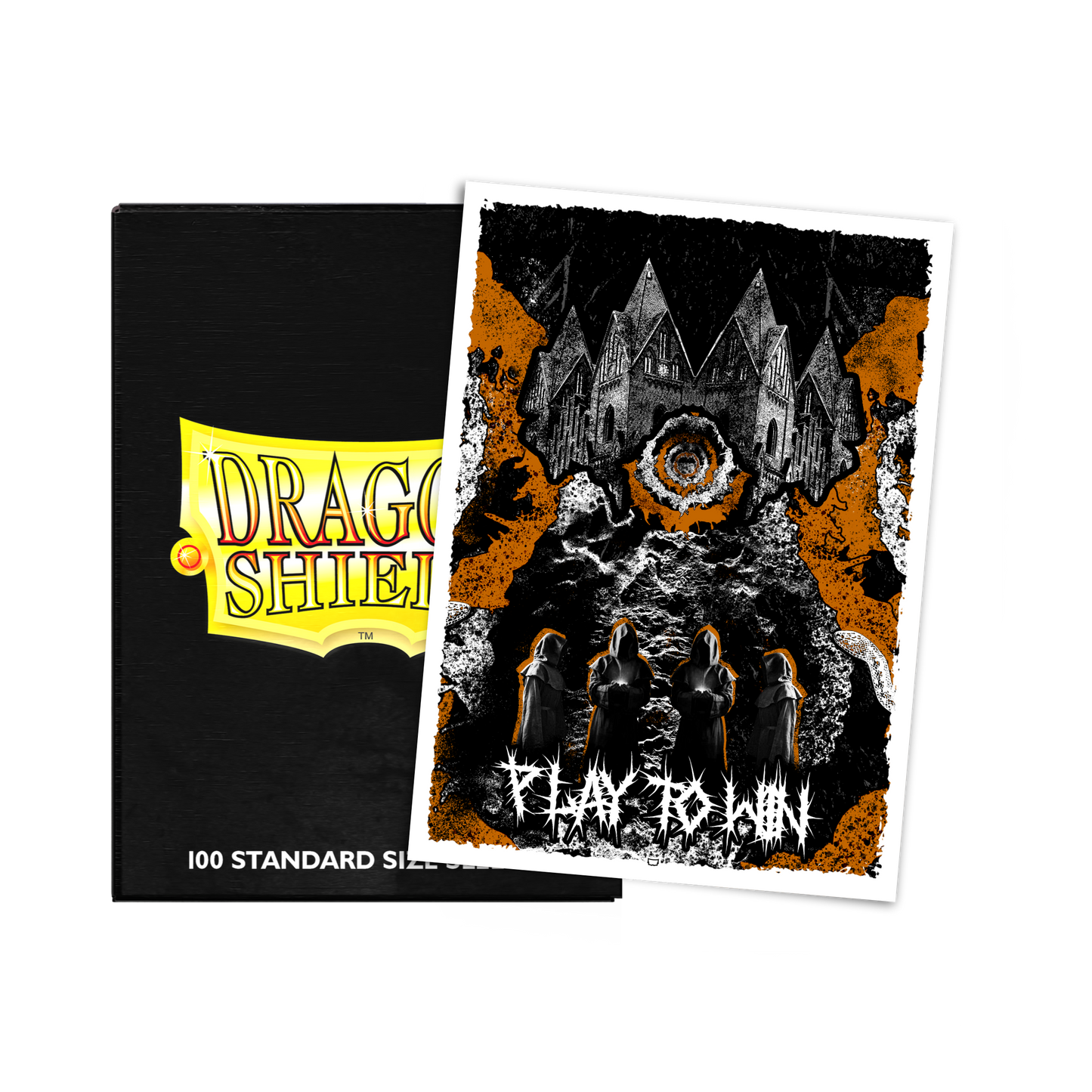 A black Dragon Shield deck box with a "Play to Win" Halloween themed art sleeve. Brand: Dragon Shield, Item: Play to Win - Halloween - Brushed Art Sleeves - Standard Size.
