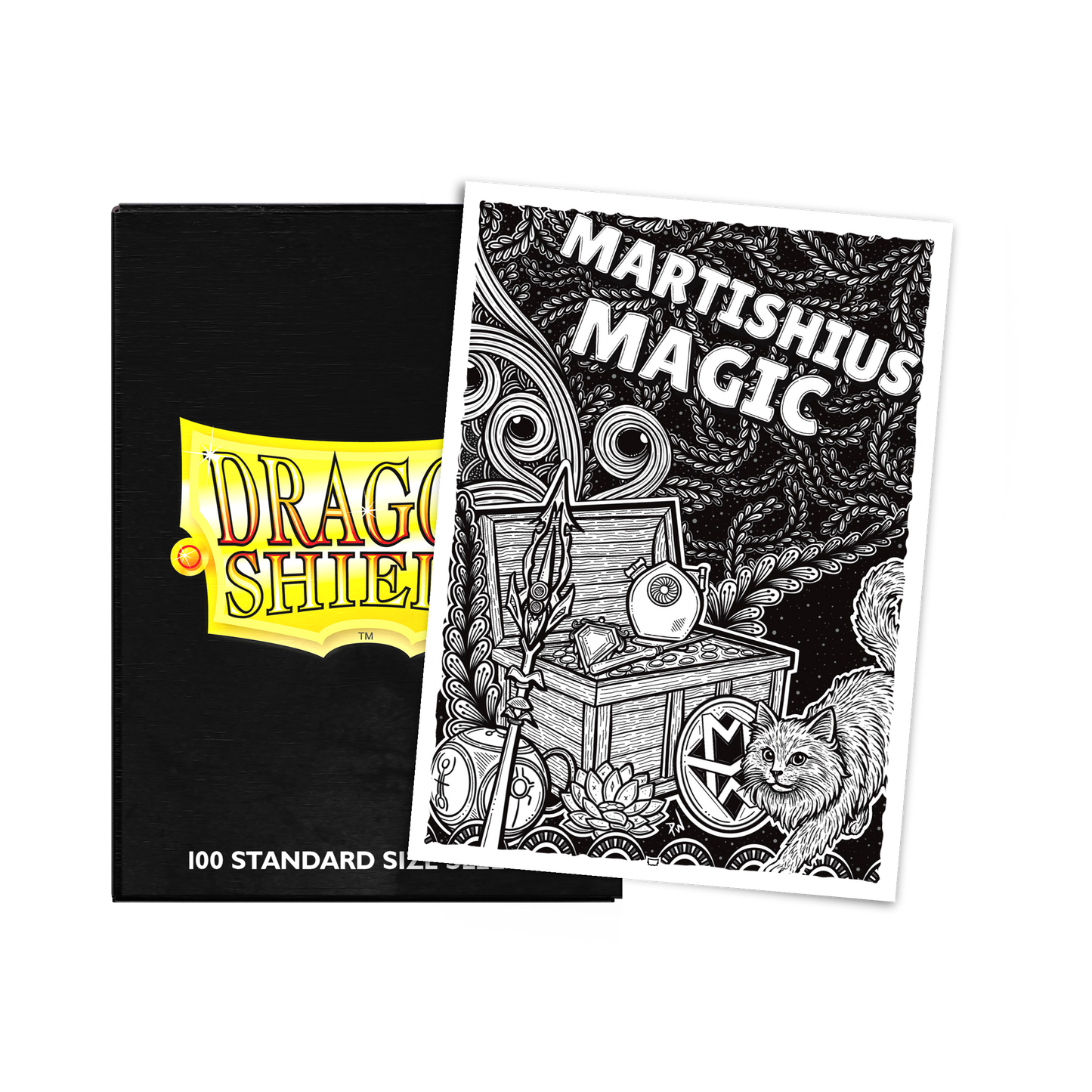 A black Dragon Shield deck box with a "Dragon Shield" logo and a "Martishius Magic" art sleeve. Brand: Dragon Shield, Item: Martishius Magic - Brushed Art Sleeves - Standard Size.