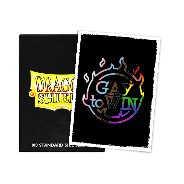 A black Dragon Shield deck box with a "Gay to Win" design on a card. Brand: Dragon Shield, Item: Play to Win - Gay to Win 2026 - Brushed Art Sleeves.