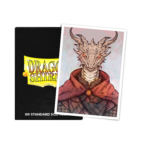 A black Dragon Shield deck box with a regal dragon illustration on a card. Brand: Dragon Shield, Item: Nox Mortua - Regal Dragon - Brushed Art Sleeves.