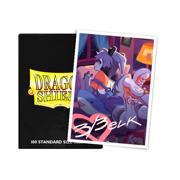 A black Dragon Shield deck box next to a "3/3 Elk - Hangin' Out" art card sleeve.