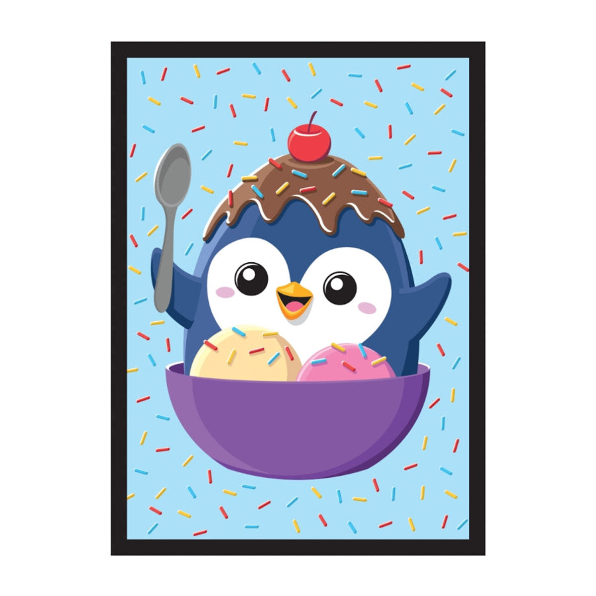 A cute penguin character with ice cream and sprinkles, holding a spoon. Legion Supplies Ice Cream Penguin Double-Matte White Core Sleeves.