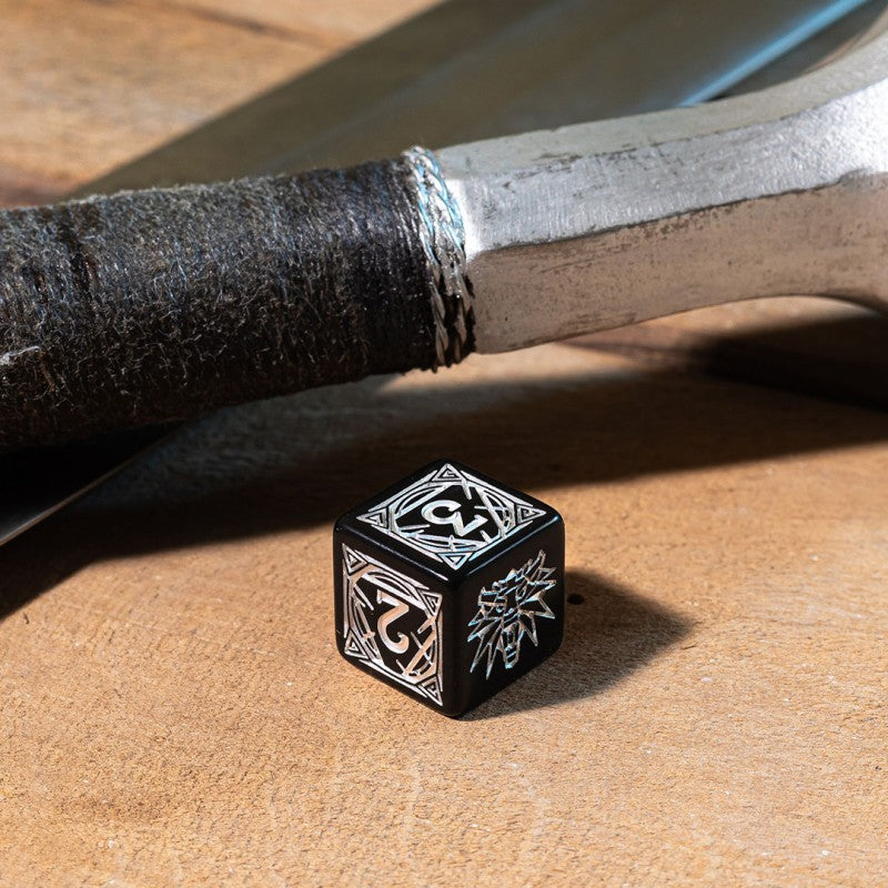 Q-Workshop The Witcher Dice Set: Geralt – The Silver Sword – black with silver RPG dice – Flip Tap Win TCG, Saline MI