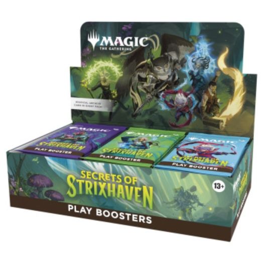 A sealed Magic: The Gathering Secrets of Strixhaven Play Booster Box featuring artwork of students and professors. Publisher: Magic: The Gathering, Game: Magic: The Gathering, Set: STX