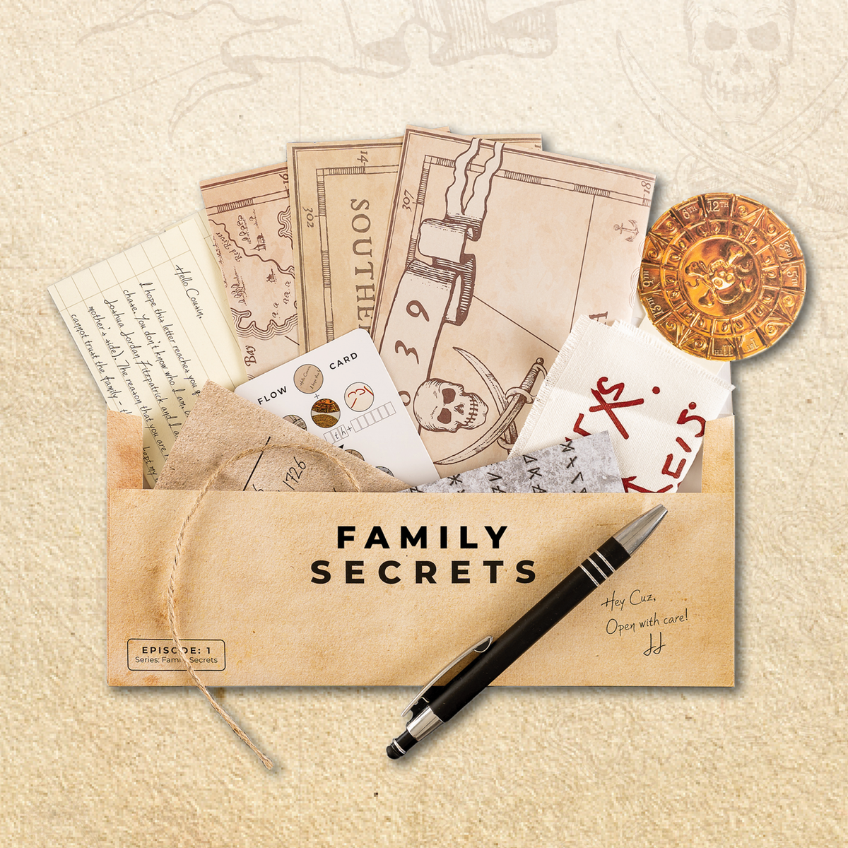 A sealed Family Secrets escape game kit featuring pirate-themed maps and a letter. Publisher: Escape Mail.