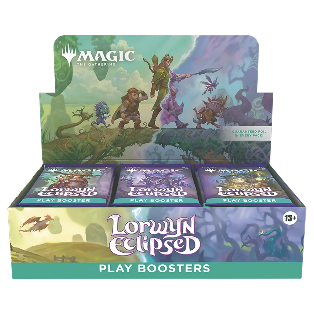 A sealed Magic: The Gathering - Lorwyn Eclipsed Play Booster Box featuring artwork of various fantasy characters and creatures. Publisher: Magic: The Gathering, Game: Magic: The Gathering, Set: Lorwyn Eclipsed (LWE)