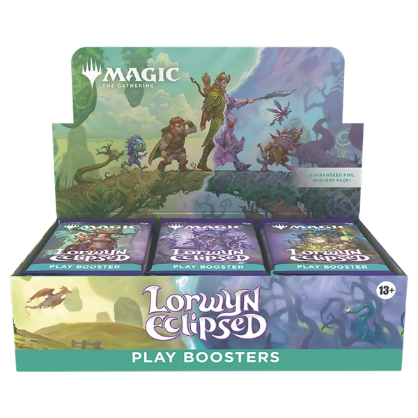 A sealed Magic: The Gathering - Lorwyn Eclipsed Play Booster Box featuring artwork of various fantasy characters and creatures. Publisher: Magic: The Gathering, Game: Magic: The Gathering, Set: Lorwyn Eclipsed (LWE)