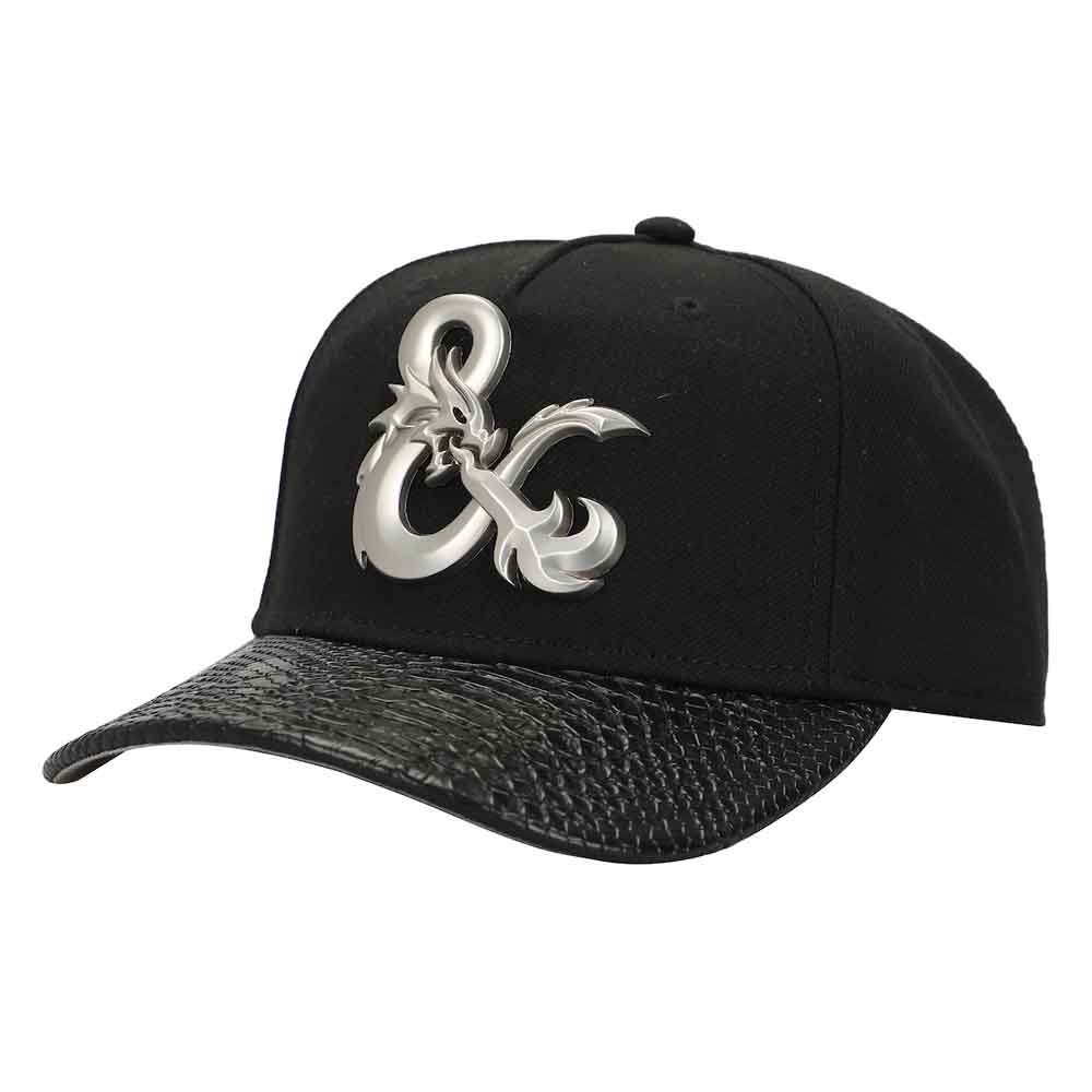 A black Dungeons & Dragons Metal Ampersand And Dragon Skin Bill Snapback Hat. Brand: MTG PRO Shop, Item: Dungeons & Dragons Metal Ampersand And Dragon Skin Bill Snapback Hat.