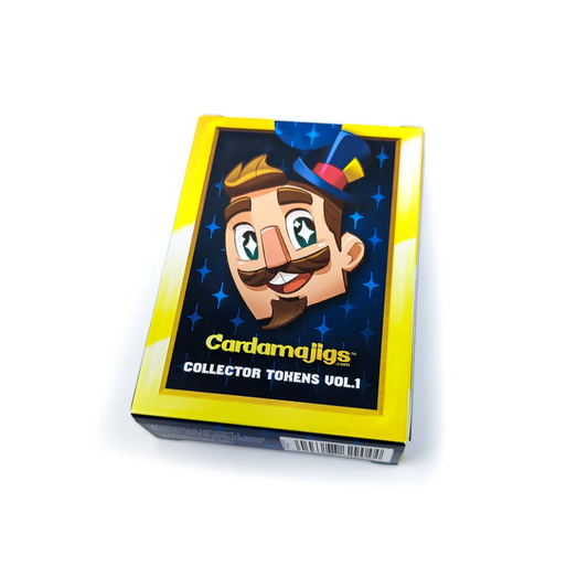 A sealed Cardamajigs Collector Tokens Vol. 1 box featuring a cartoon magician character. Publisher: Hit Point Press.