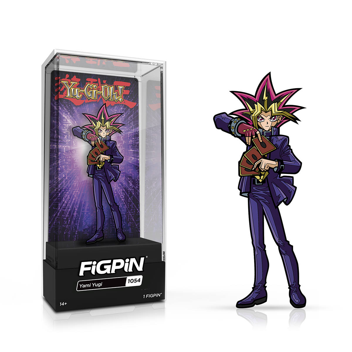 A FiGPiN collectible of Yami Yugi from Yu-Gi-Oh! holding cards, displayed in its case.