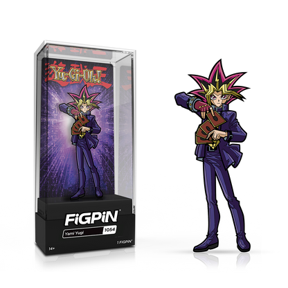A FiGPiN collectible of Yami Yugi from Yu-Gi-Oh! holding cards, displayed in its case.